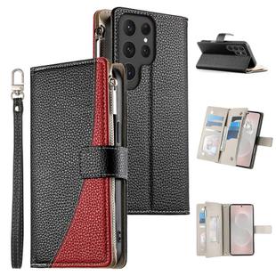 For Samsung Galaxy S25 Ultra 5G Stitching Multi-card Zipper Wallet Leather Phone Case with Short Strap(Black)
