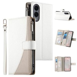 For Samsung Galaxy S25 Edge 5G Stitching Multi-card Zipper Wallet Leather Phone Case with Short Strap(White)