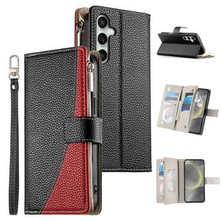 For Samsung Galaxy S24 FE 5G Stitching Multi-card Zipper Wallet Leather Phone Case with Short Strap(Black)