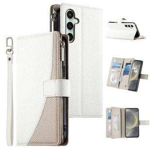 For Samsung Galaxy S24 FE 5G Stitching Multi-card Zipper Wallet Leather Phone Case with Short Strap(White)