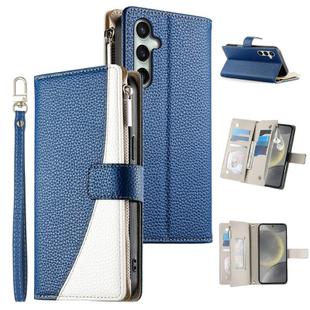 For Samsung Galaxy S24 FE 5G Stitching Multi-card Zipper Wallet Leather Phone Case with Short Strap(Dark Blue)