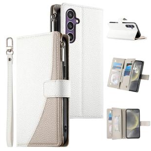 For Samsung Galaxy S24 5G / S25 5G Stitching Multi-card Zipper Wallet Leather Phone Case with Short Strap(White)