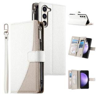 For Samsung Galaxy S23+ 5G Stitching Multi-card Zipper Wallet Leather Phone Case with Short Strap(White)