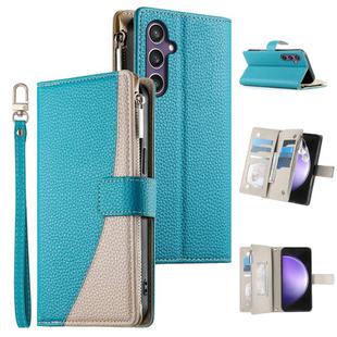 For Samsung Galaxy S23 FE 5G Stitching Multi-card Zipper Wallet Leather Phone Case with Short Strap(Blue)