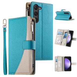 For Samsung Galaxy S23 5G Stitching Multi-card Zipper Wallet Leather Phone Case with Short Strap(Blue)