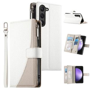 For Samsung Galaxy S23 5G Stitching Multi-card Zipper Wallet Leather Phone Case with Short Strap(White)