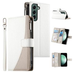 For Samsung Galaxy S22+ 5G Stitching Multi-card Zipper Wallet Leather Phone Case with Short Strap(White)