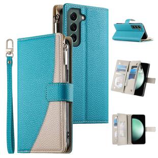 For Samsung Galaxy S22 5G Stitching Multi-card Zipper Wallet Leather Phone Case with Short Strap(Blue)