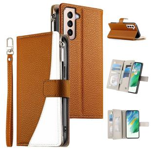 For Samsung Galaxy S21+ 5G Stitching Multi-card Zipper Wallet Leather Phone Case with Short Strap(Brown)