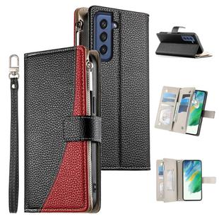 For Samsung Galaxy S21 FE 5G Stitching Multi-card Zipper Wallet Leather Phone Case with Short Strap(Black)