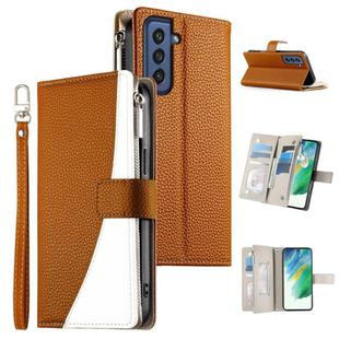For Samsung Galaxy S21 FE 5G Stitching Multi-card Zipper Wallet Leather Phone Case with Short Strap(Brown)