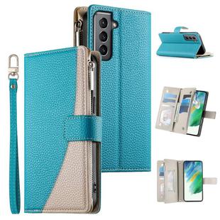 For Samsung Galaxy S21 5G Stitching Multi-card Zipper Wallet Leather Phone Case with Short Strap(Blue)