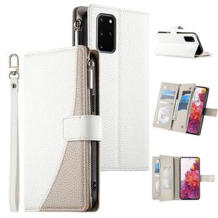 For Samsung Galaxy S20+ Stitching Multi-card Zipper Wallet Leather Phone Case with Short Strap(White)