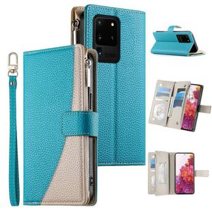 For Samsung Galaxy S20 Ultra Stitching Multi-card Zipper Wallet Leather Phone Case with Short Strap(Blue)