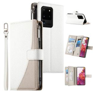 For Samsung Galaxy S20 Ultra Stitching Multi-card Zipper Wallet Leather Phone Case with Short Strap(White)