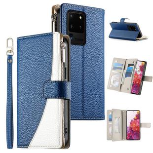 For Samsung Galaxy S20 Ultra Stitching Multi-card Zipper Wallet Leather Phone Case with Short Strap(Dark Blue)