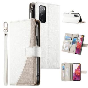 For Samsung Galaxy S20 FE Stitching Multi-card Zipper Wallet Leather Phone Case with Short Strap(White)