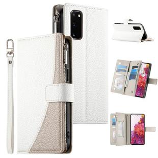 For Samsung Galaxy S20 Stitching Multi-card Zipper Wallet Leather Phone Case with Short Strap(White)