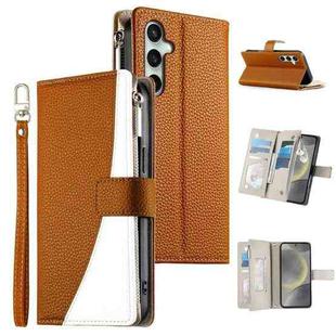 For Samsung Galaxy S25 FE 5G Stitching Multi-card Zipper Wallet Leather Phone Case with Short Strap(Brown)