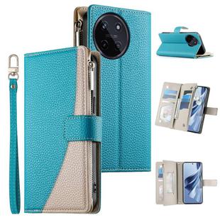 For Realme 11 4G Stitching Multi-card Zipper Wallet Leather Phone Case with Short Strap(Blue)