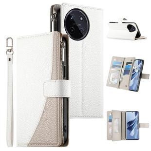 For Realme 11 4G Stitching Multi-card Zipper Wallet Leather Phone Case with Short Strap(White)