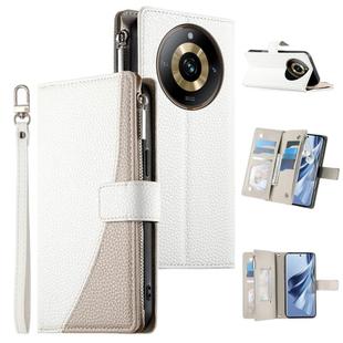 For Realme 11 Pro / 11 Pro+ Stitching Multi-card Zipper Wallet Leather Phone Case with Short Strap(White)