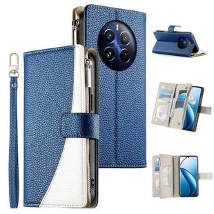 For Realme 12 Pro / 12 Pro+ Stitching Multi-card Zipper Wallet Leather Phone Case with Short Strap(Dark Blue)
