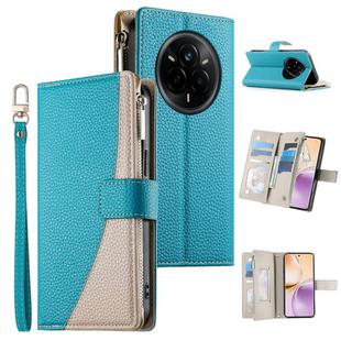 For Realme 14 Pro Stitching Multi-card Zipper Wallet Leather Phone Case with Short Strap(Blue)