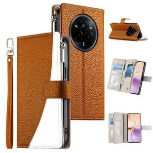 For Realme 14 Pro Stitching Multi-card Zipper Wallet Leather Phone Case with Short Strap(Brown)