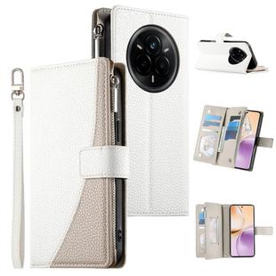 For Realme 14 Pro Stitching Multi-card Zipper Wallet Leather Phone Case with Short Strap(White)