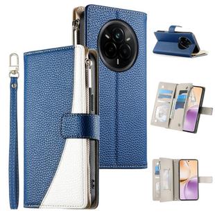 For Realme 14 Pro Stitching Multi-card Zipper Wallet Leather Phone Case with Short Strap(Dark Blue)