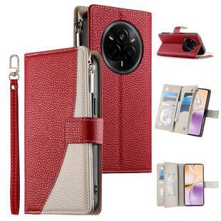 For Realme 14 Pro Stitching Multi-card Zipper Wallet Leather Phone Case with Short Strap(Red)