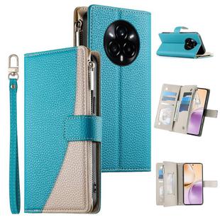 For Realme 14 Pro+ Stitching Multi-card Zipper Wallet Leather Phone Case with Short Strap(Blue)