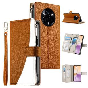 For Realme 14 Pro+ Stitching Multi-card Zipper Wallet Leather Phone Case with Short Strap(Brown)