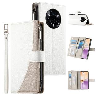 For Realme 14 Pro+ Stitching Multi-card Zipper Wallet Leather Phone Case with Short Strap(White)