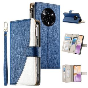 For Realme 14 Pro+ Stitching Multi-card Zipper Wallet Leather Phone Case with Short Strap(Dark Blue)