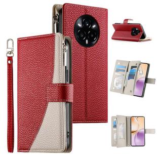 For Realme 14 Pro+ Stitching Multi-card Zipper Wallet Leather Phone Case with Short Strap(Red)