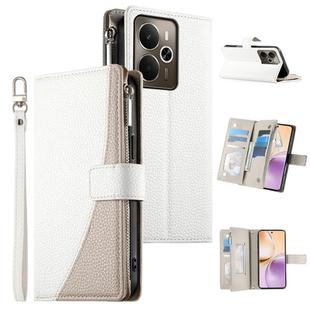 For Realme 14 / Realme P3 5G Stitching Multi-card Zipper Wallet Leather Phone Case with Short Strap(White)