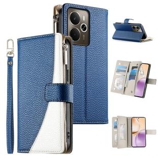 For Realme 14 / Realme P3 5G Stitching Multi-card Zipper Wallet Leather Phone Case with Short Strap(Dark Blue)