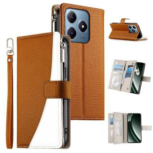For Realme C63 4G / C61 4G Global / India Stitching Multi-card Zipper Wallet Leather Phone Case with Short Strap(Brown)