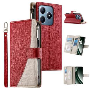 For Realme C63 4G / C61 4G Global / India Stitching Multi-card Zipper Wallet Leather Phone Case with Short Strap(Red)