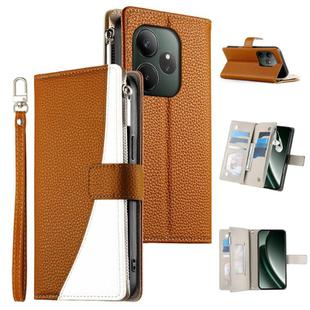 For Realme GT 6 / GT Neo6 / GT Neo6 SE Stitching Multi-card Zipper Wallet Leather Phone Case with Short Strap(Brown)