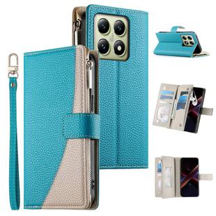 For Xiaomi 14T Stitching Multi-card Zipper Wallet Leather Phone Case with Short Strap(Blue)
