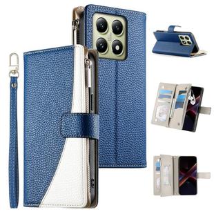 For Xiaomi 14T Stitching Multi-card Zipper Wallet Leather Phone Case with Short Strap(Dark Blue)