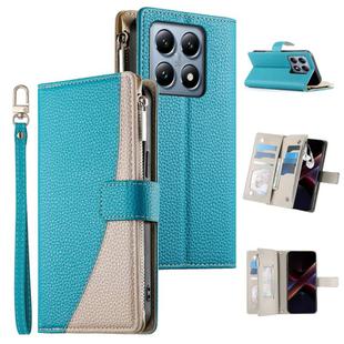 For Xiaomi 14T Pro Stitching Multi-card Zipper Wallet Leather Phone Case with Short Strap(Blue)