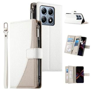 For Xiaomi 14T Pro Stitching Multi-card Zipper Wallet Leather Phone Case with Short Strap(White)
