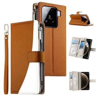 For Xiaomi 15 Stitching Multi-card Zipper Wallet Leather Phone Case with Short Strap(Brown)