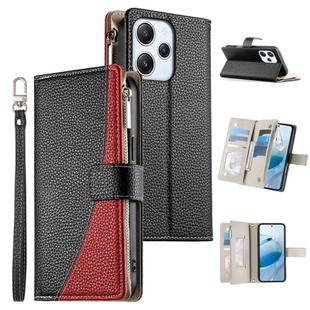 For Redmi 12 4G / 5G / Note 12R Stitching Multi-card Zipper Wallet Leather Phone Case with Short Strap(Black)
