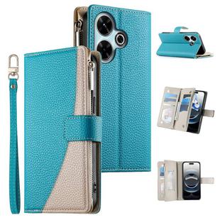 For Redmi 13 4G / 5G / Xiaomi Poco M6 4G Stitching Multi-card Zipper Wallet Leather Phone Case with Short Strap(Blue)