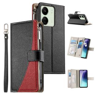 For Redmi 13C 4G / 5G / 13R / Xiaomi Poco C65 Stitching Multi-card Zipper Wallet Leather Phone Case with Short Strap(Black)